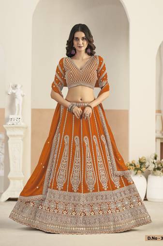 Orange Faux Georgette Semi Stitched Lehenga Choli with Sequence Work