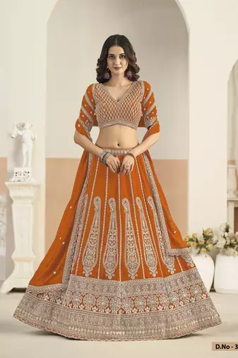 Orange Faux Georgette Semi Stitched Lehenga Choli with Sequence Work