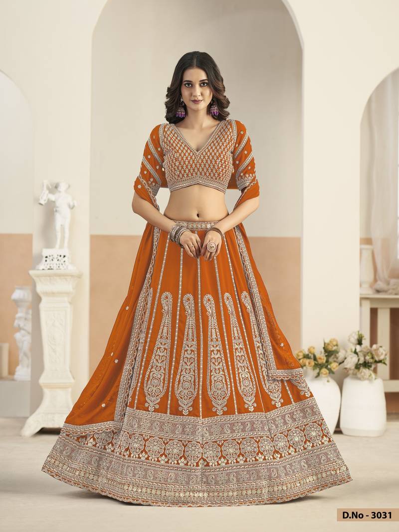 Orange Faux Georgette Semi Stitched Lehenga Choli with Sequence Work