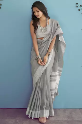 Ash grey silk blend saree with silver border