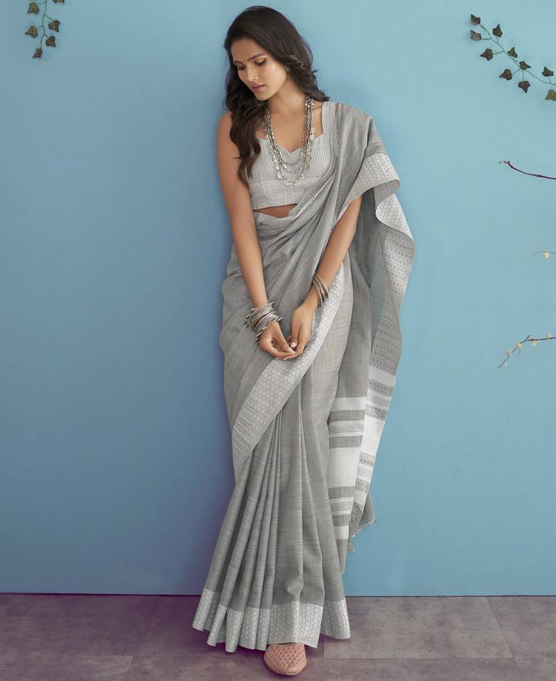 Ash grey silk blend saree with silver border