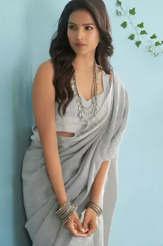 Ash grey silk blend saree with silver border