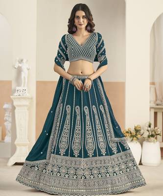 Teal Green Faux Georgette Lehenga Choli with sequin Work 1