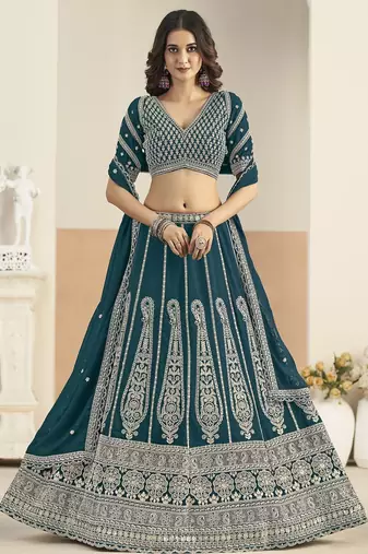 Teal Green Faux Georgette Semi Stitched Lehenga Choli with Sequence Work