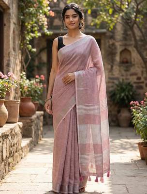 Dusty rose linen saree with silver striped pallu 1