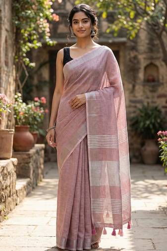Dusty rose linen saree with silver striped pallu
