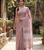 Dusty rose linen saree with silver striped pallu