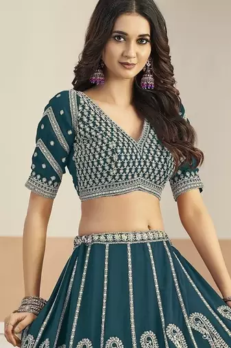 Teal Green Faux Georgette Lehenga Choli with sequin Work