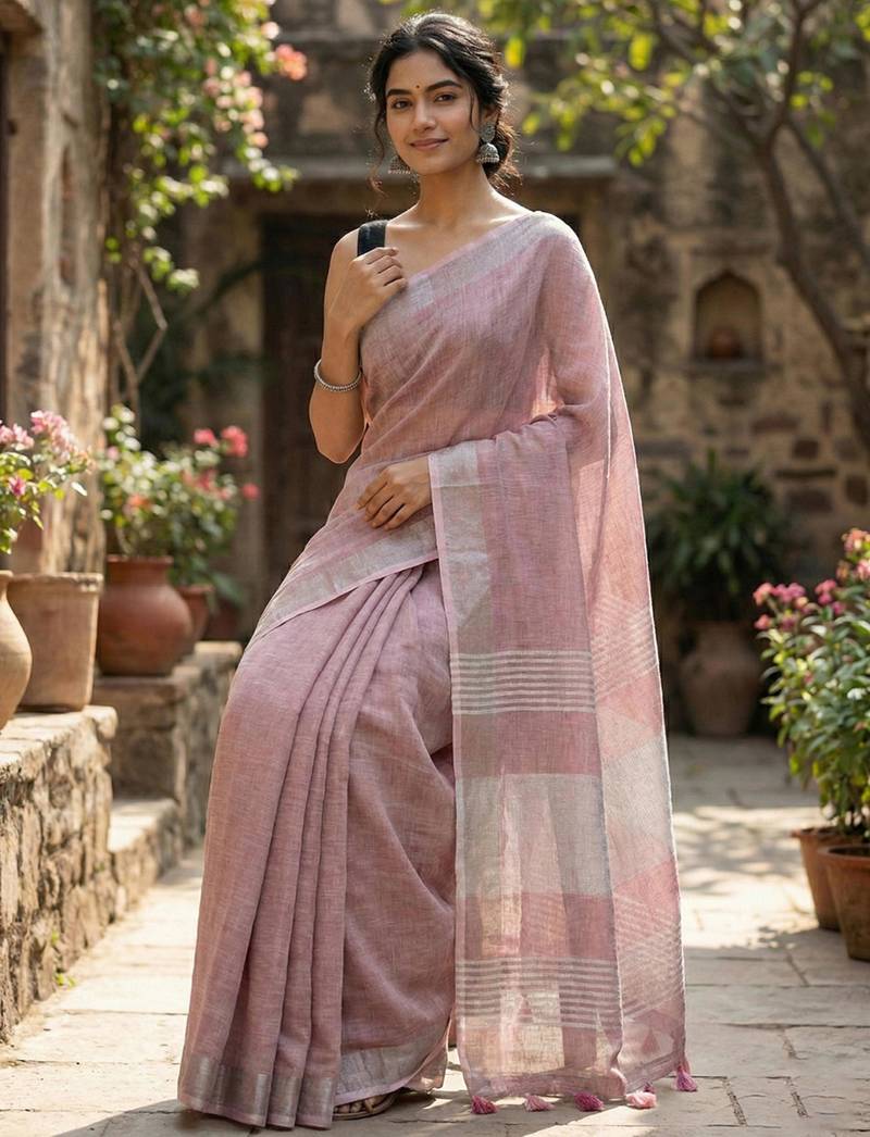 Dusty rose linen saree with silver striped pallu