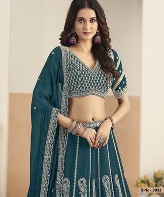 Teal Green Faux Georgette Lehenga Choli with sequin Work 3