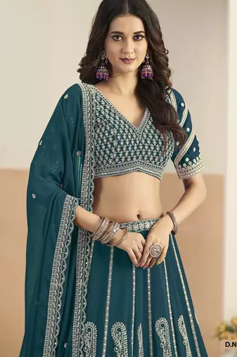 Teal Green Faux Georgette Lehenga Choli with sequin Work