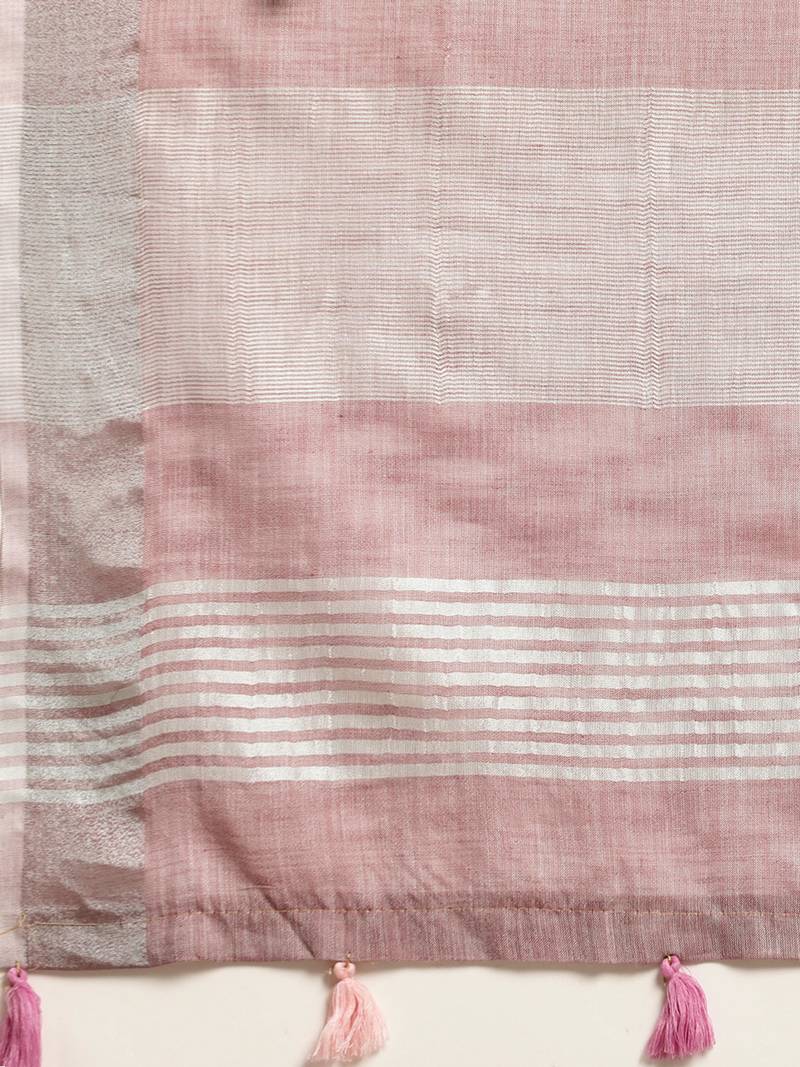 Dusty rose linen saree with silver striped pallu