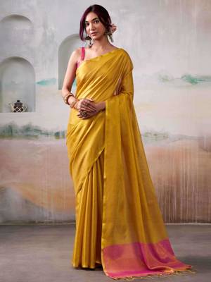 Mustard yellow silk blend saree with pink border 1