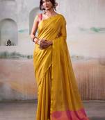 Mustard yellow silk blend saree with pink border