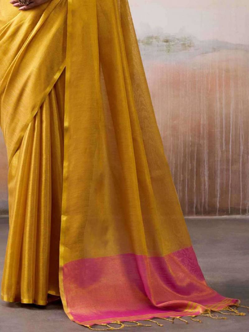 Mustard yellow silk blend saree with pink border