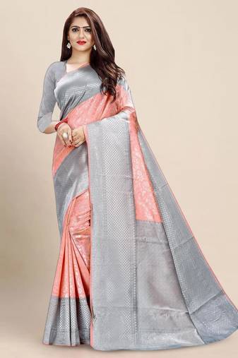 Elegant peach and silver grey silk blend saree