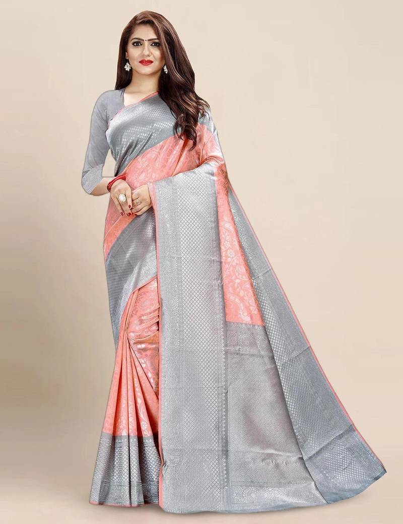 Elegant peach and silver grey silk blend saree