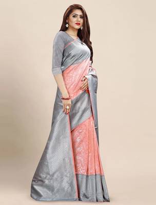 Elegant peach and silver grey silk blend saree 4