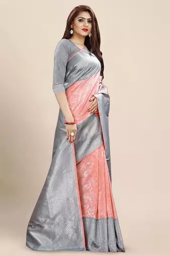 Elegant peach and silver grey silk blend saree