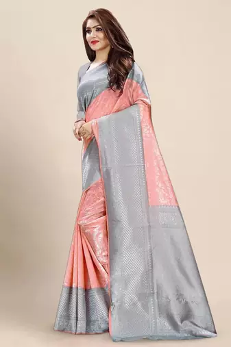 Elegant peach and silver grey silk blend saree