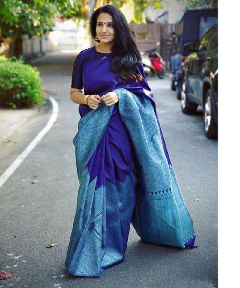 Royal blue silk blend saree with light blue geometric border patterns
