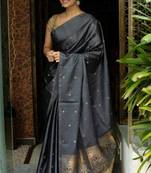 Elegant black silk blend saree with classic gold woven motifs