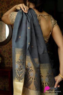 Elegant black silk blend saree with classic gold woven motifs 5