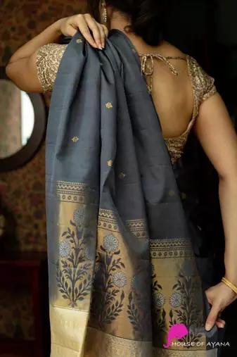 Elegant black silk blend saree with classic gold woven motifs