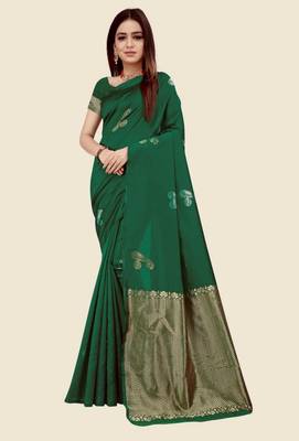 Deep forest green silk blend saree with gold zari paisley motifs 1
