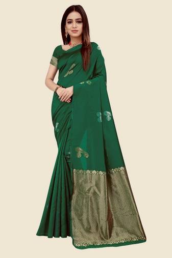 Deep forest green silk blend saree with gold zari paisley motifs