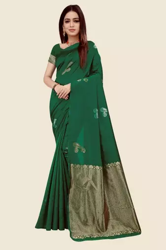 Deep forest green silk blend saree with gold zari paisley motifs