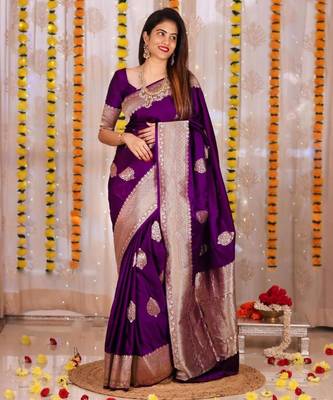 Rich regal purple silk blend saree with heavy silver and gold weaving 1