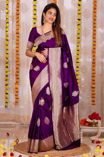 Rich regal purple silk blend saree with heavy silver and gold weaving