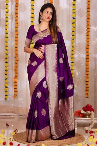 Rich regal purple silk blend saree with heavy silver and gold weaving