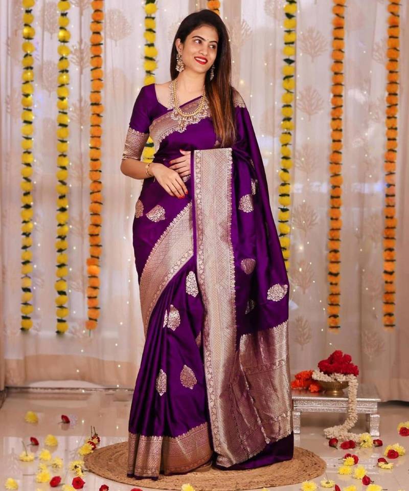 Rich regal purple silk blend saree with heavy silver and gold weaving