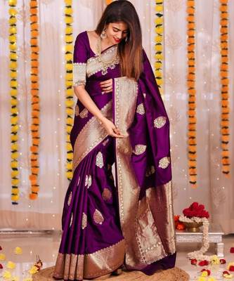 Rich regal purple silk blend saree with heavy silver and gold weaving 3