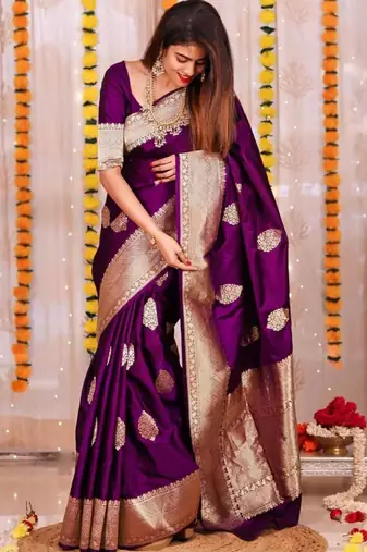 Rich regal purple silk blend saree with heavy silver and gold weaving
