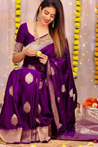 Rich regal purple silk blend saree with heavy silver and gold weaving