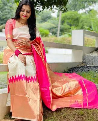 Cream off-white silk blend saree with striking pink and orange border 1