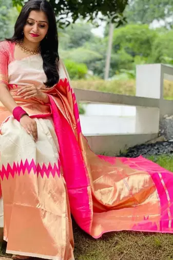 Cream off-white silk blend saree with striking pink and orange border
