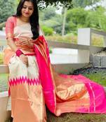 Cream off-white silk blend saree with striking pink and orange border