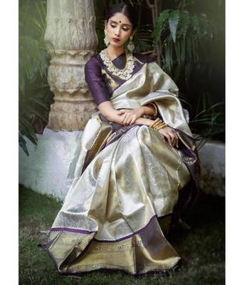 Luxurious silver cream silk blend saree with dark purple woven border 1