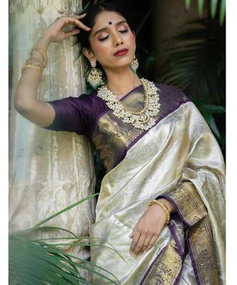 Luxurious silver cream silk blend saree with dark purple woven border 2