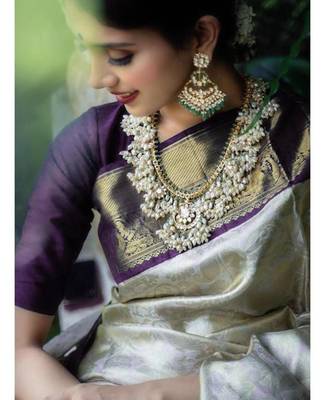 Luxurious silver cream silk blend saree with dark purple woven border 3