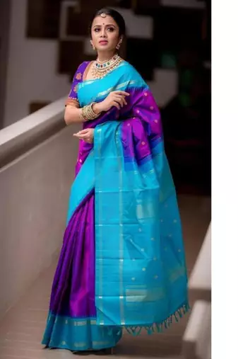 Two-tone purple and aqua blue silk blend saree