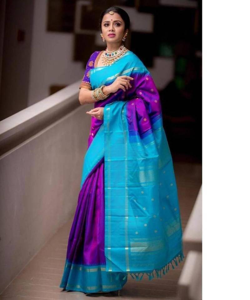Two-tone purple and aqua blue silk blend saree