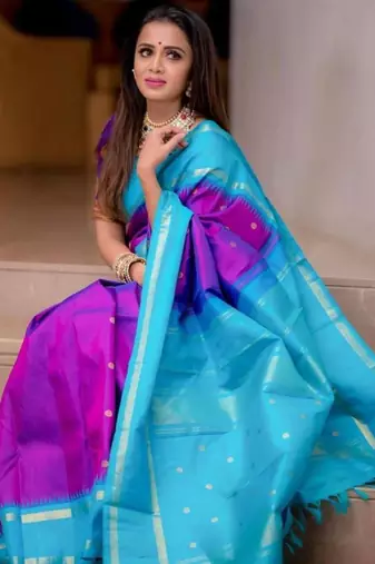Two-tone purple and aqua blue silk blend saree