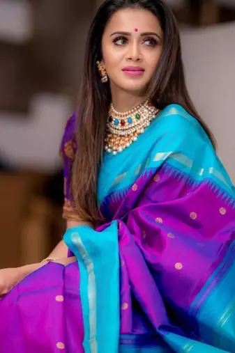 Two-tone purple and aqua blue silk blend saree
