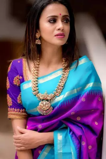 Two-tone purple and aqua blue silk blend saree