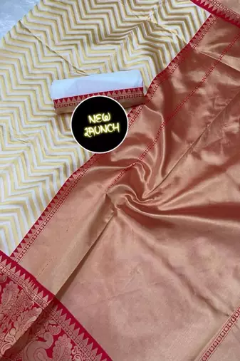 Elegant cream chevron silk blend saree with red border